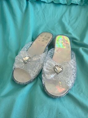 Clear Glitter Heart Bow Jelly Slide Sandals - Silver Iridescent